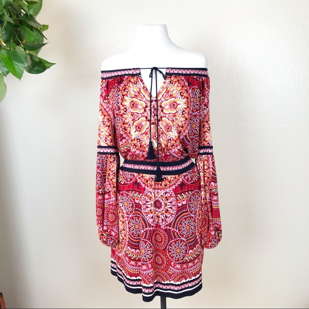 CHELSEA & VIOLET | Red Patterned Peasant Dress S - Picture 3 of 8